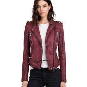 IRO Barby Burgundy Distressed Leather Moto Biker Jacket Size 0